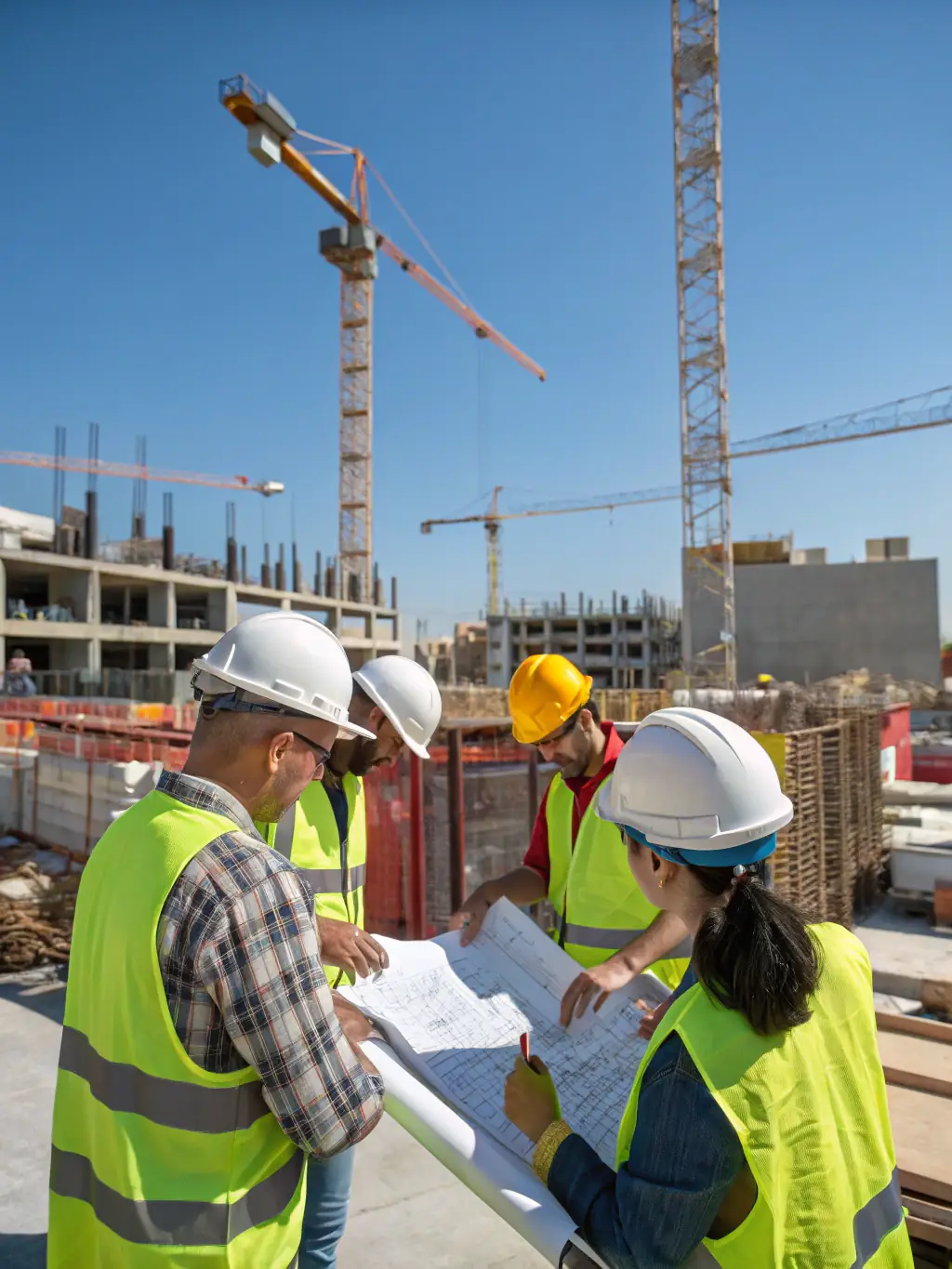 A project management team coordinating on-site activities, demonstrating Aesthetic Architect & Structures' ability to manage projects efficiently from start to finish.